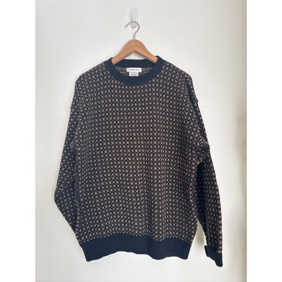 Claiborne Vintage 100% Cotton Diamond Printed Pattern Crewneck Sweater - Size L - Picture 1 of 9